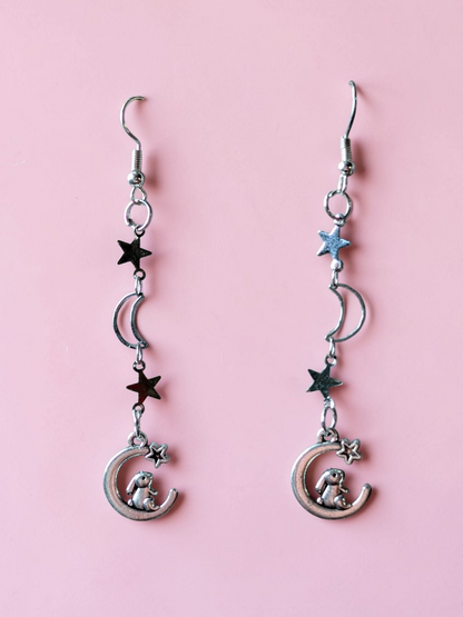 Handmade Moon and Stars with Rabbits Drop Dangle Earrings. Gothic Easter Bunny Gift