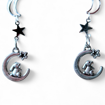 Handmade Moon and Stars with Rabbits Drop Dangle Earrings. Gothic Easter Bunny Gift