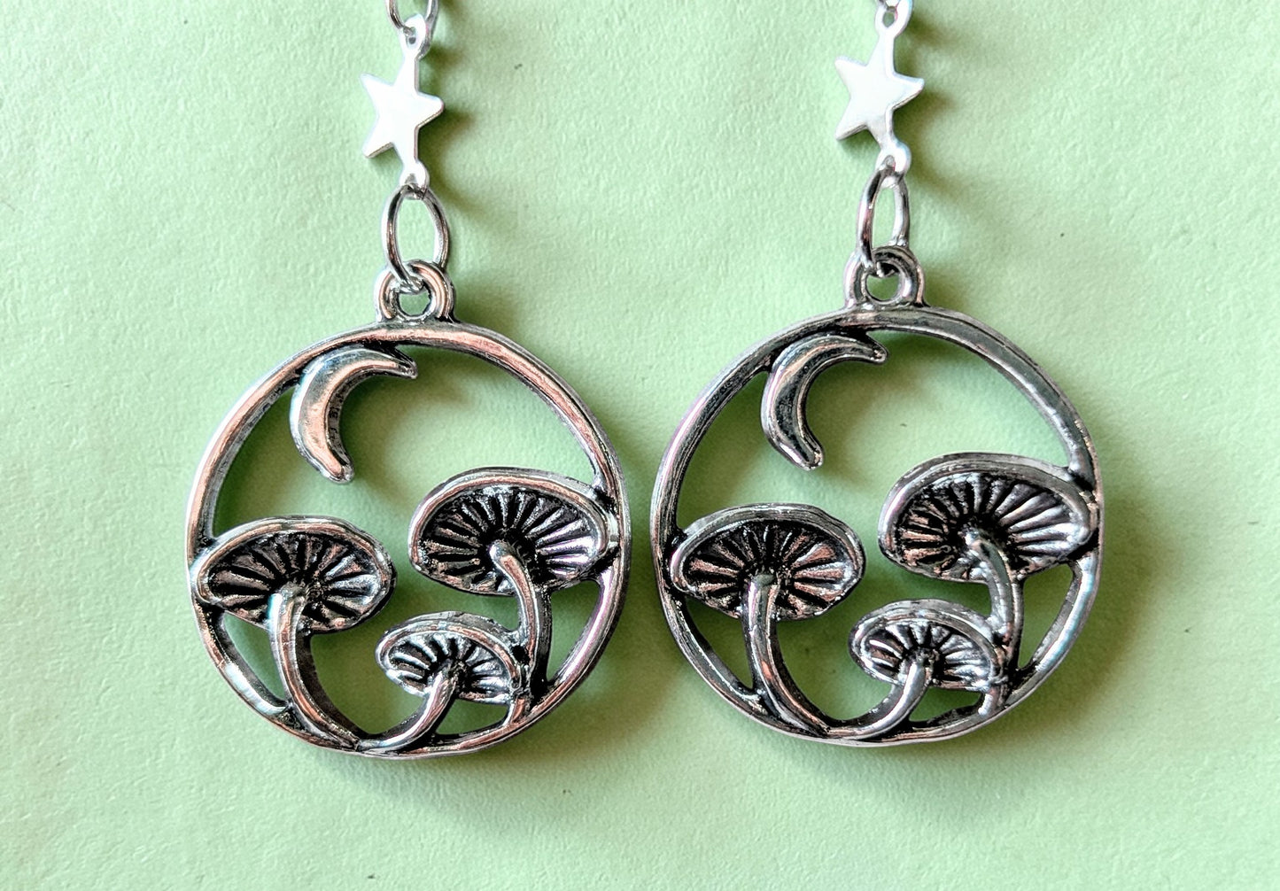 Handmade Silvertone Magic Mushroom Drop Earrings. Moon and Stars gothic gift
