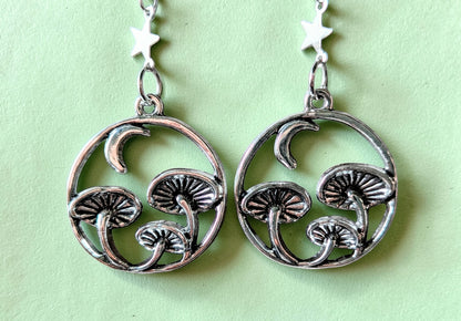 Handmade Silvertone Magic Mushroom Drop Earrings. Moon and Stars gothic gift