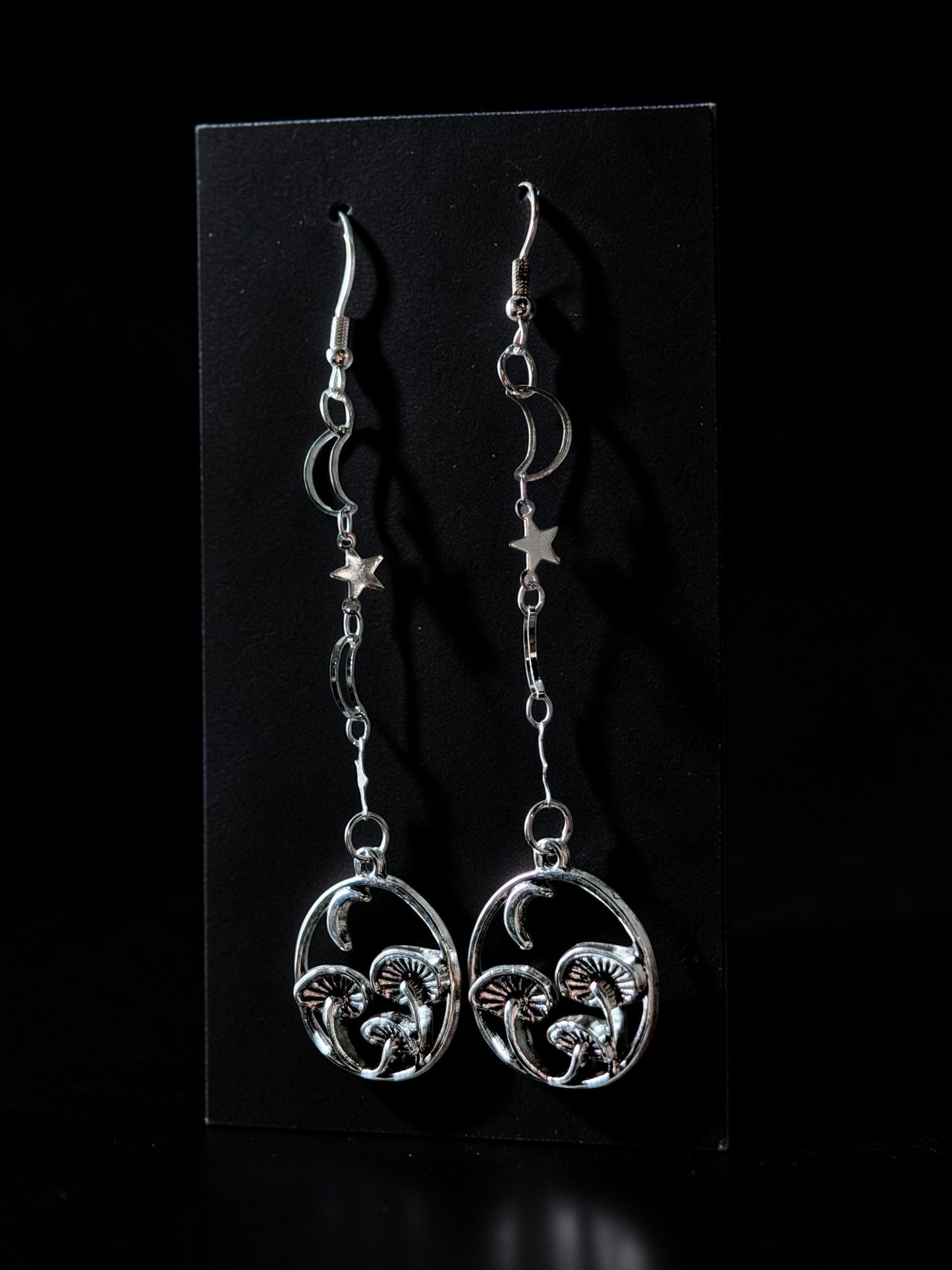 Handmade Silvertone Magic Mushroom Drop Earrings. Moon and Stars gothic gift