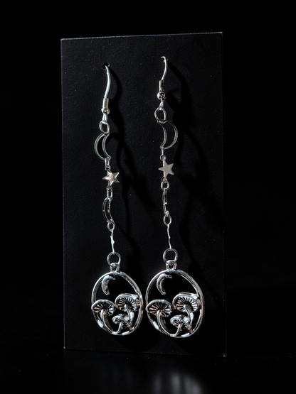 Handmade Silvertone Magic Mushroom Drop Earrings. Moon and Stars gothic gift
