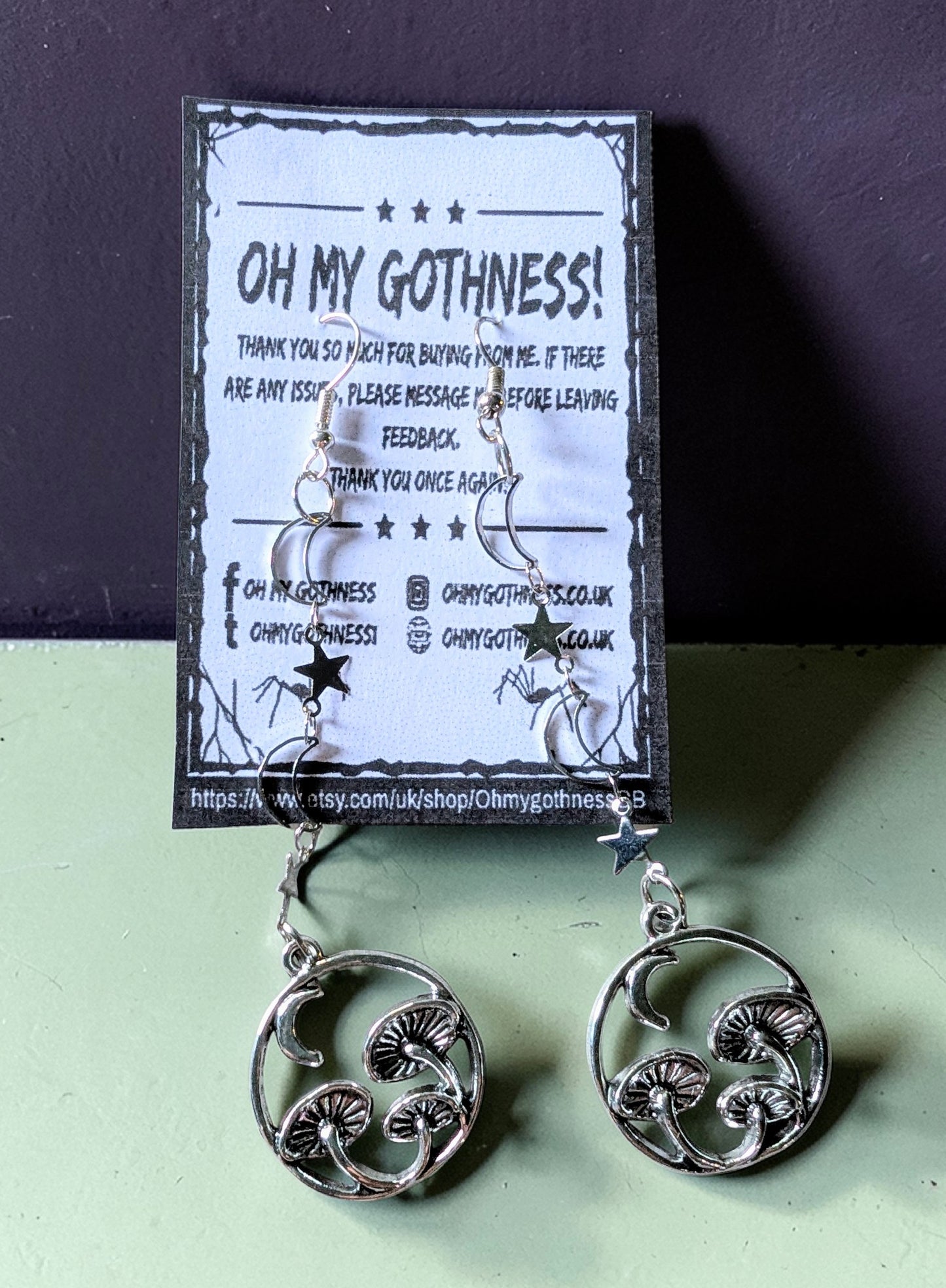 Handmade Silvertone Magic Mushroom Drop Earrings. Moon and Stars gothic gift