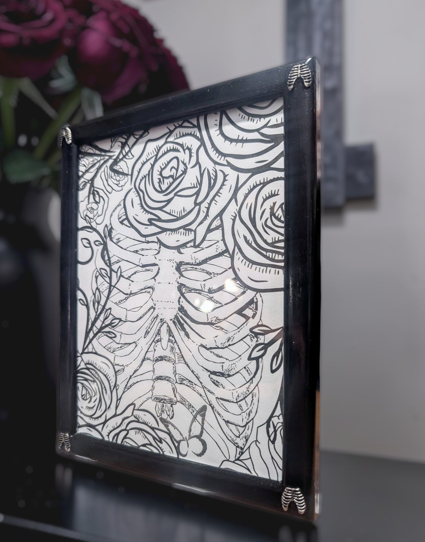 8 x 6" Black Picture Frame Free Standing with Ribcage Detailing - Gothic Home Decor Gift