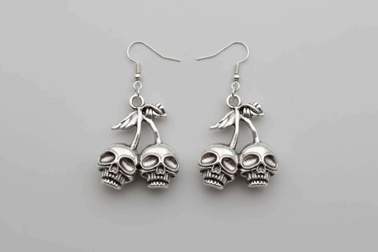 Hand Made Cherry Skull Drop Dangle Earrings in Silver Tone Metal. Gothic Punk Teen Earrings Gift