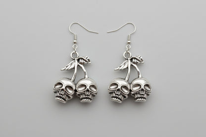 Hand Made Cherry Skull Drop Dangle Earrings in Silver Tone Metal. Gothic Punk Teen Earrings Gift