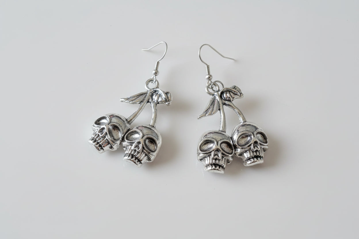 Hand Made Cherry Skull Drop Dangle Earrings in Silver Tone Metal. Gothic Punk Teen Earrings Gift