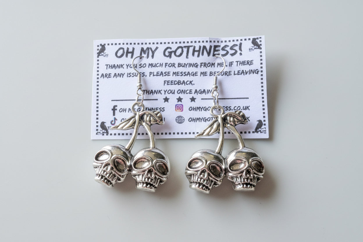 Hand Made Cherry Skull Drop Dangle Earrings in Silver Tone Metal. Gothic Punk Teen Earrings Gift