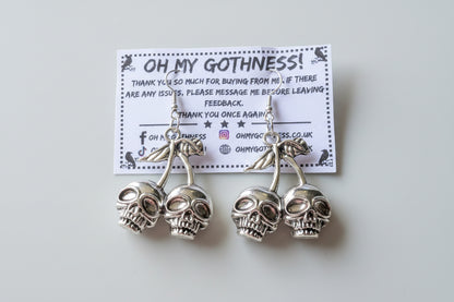 Hand Made Cherry Skull Drop Dangle Earrings in Silver Tone Metal. Gothic Punk Teen Earrings Gift
