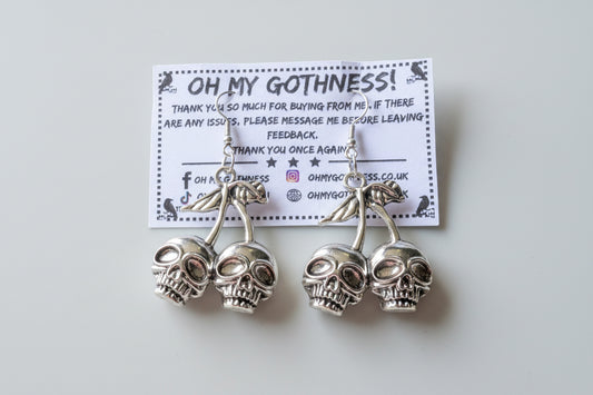 Hand Made Cherry Skull Drop Dangle Earrings in Silver Tone Metal. Gothic Punk Teen Earrings Gift
