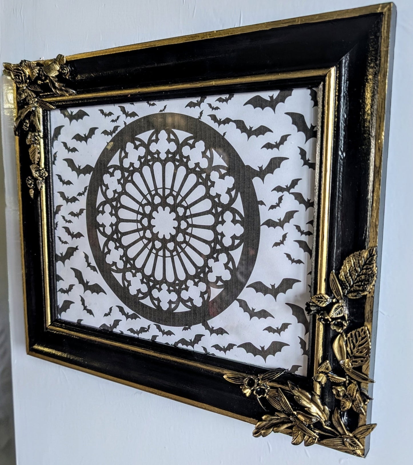 10 x 8" Black Gold Foliage and Flowers Wooden Landscape Picture Frame. Home Decor Gift