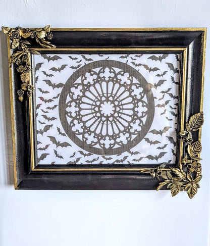10 x 8" Black Gold Foliage and Flowers Wooden Landscape Picture Frame. Home Decor Gift