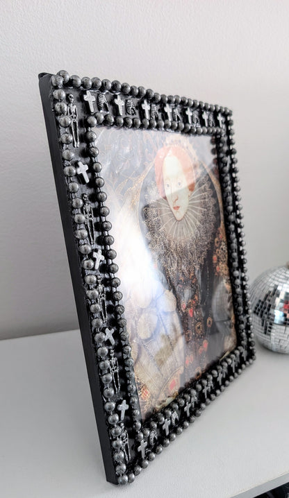 10 x 8" Portrait Freestanding Picture Frame. Black + Silver Crosses, Skeletons, Rib Cage. Spooky Goth Home Decor