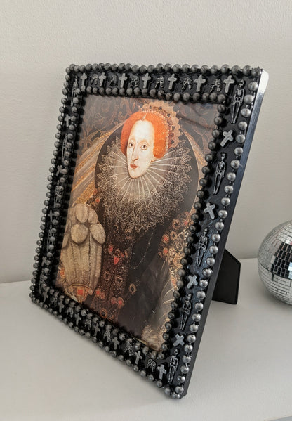 10 x 8" Portrait Freestanding Picture Frame. Black + Silver Crosses, Skeletons, Rib Cage. Spooky Goth Home Decor