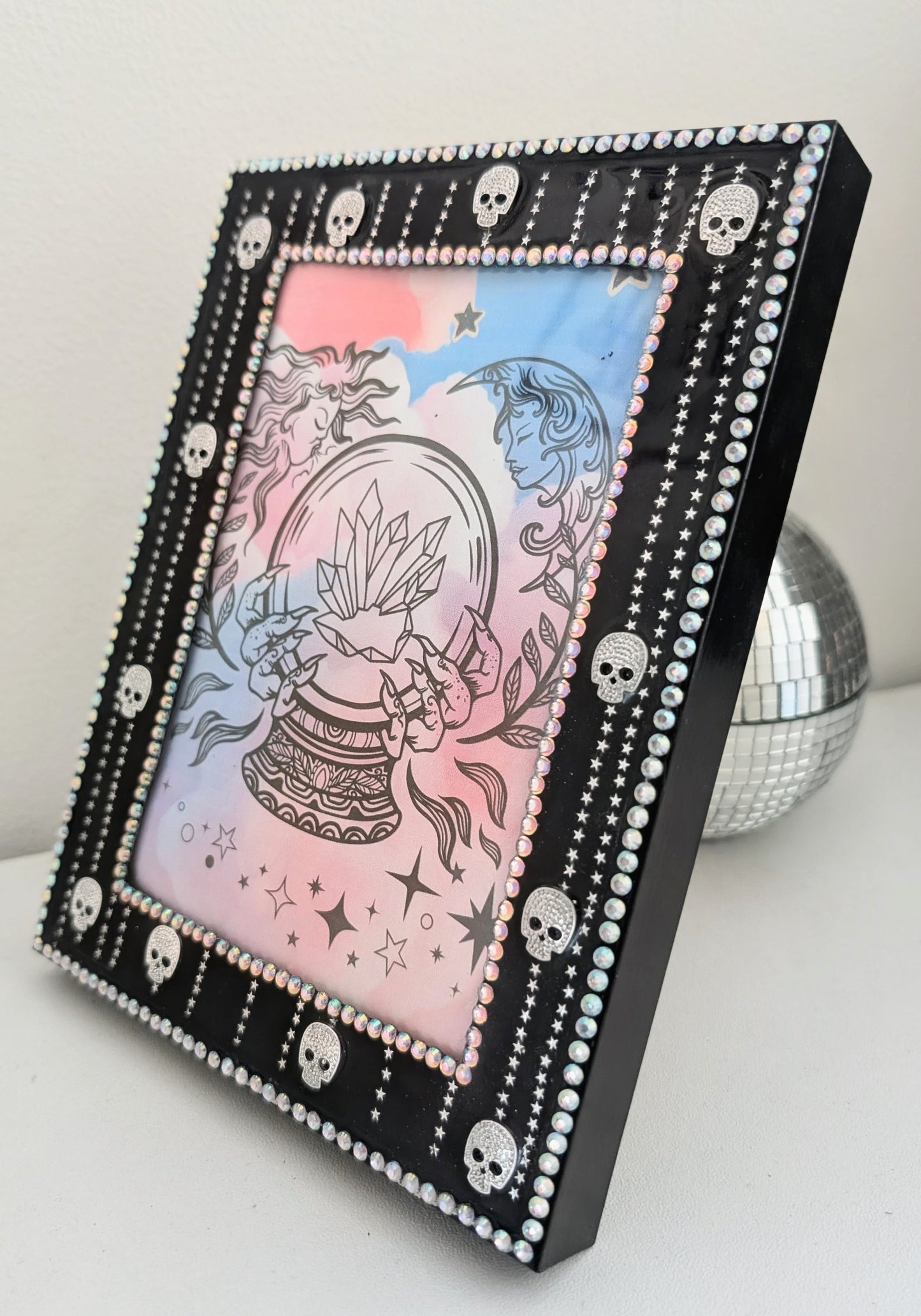 5 x 7" Picture frame, with Silver skulls + stars detailing. Gothic Modern Home Decor