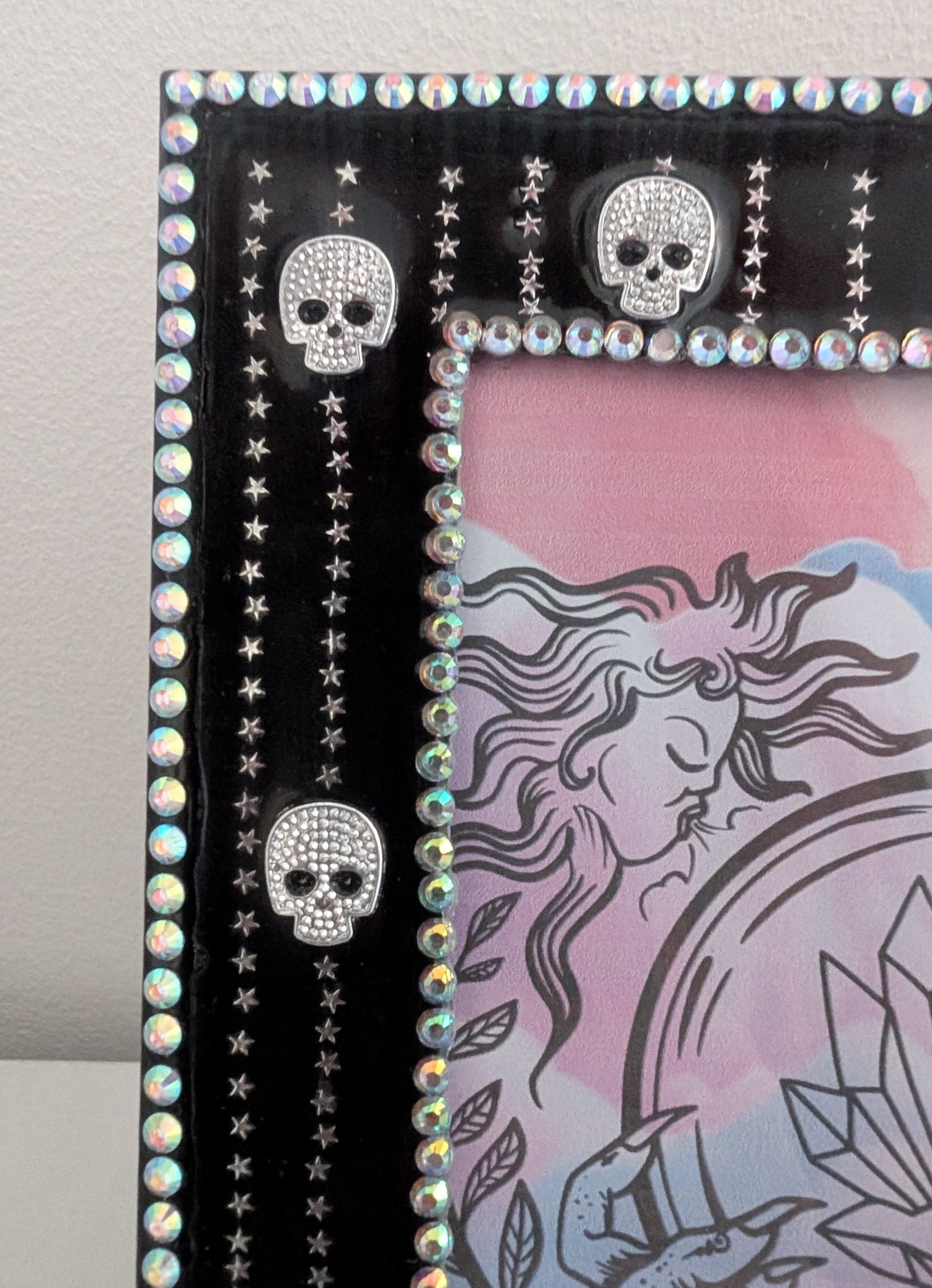 5 x 7" Picture frame, with Silver skulls + stars detailing. Gothic Modern Home Decor