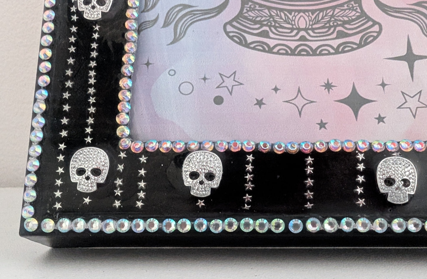 5 x 7" Picture frame, with Silver skulls + stars detailing. Gothic Modern Home Decor
