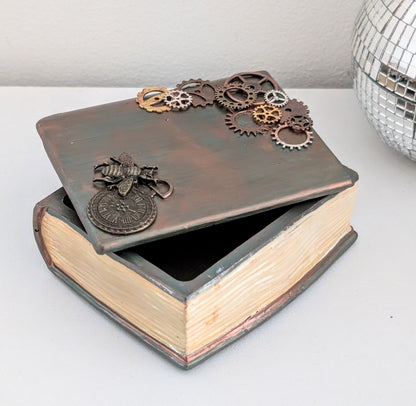 Handcast Jewellery Holder Trinket Box With Bee, Clock and Cogs.Steampunk Inspired Home Gift
