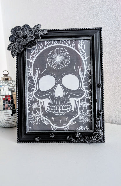 5 x 7" Portrait Picture Frame. Hand embellished with roses and flowers, in black Silver Shimmer. Gothic Home Decor
