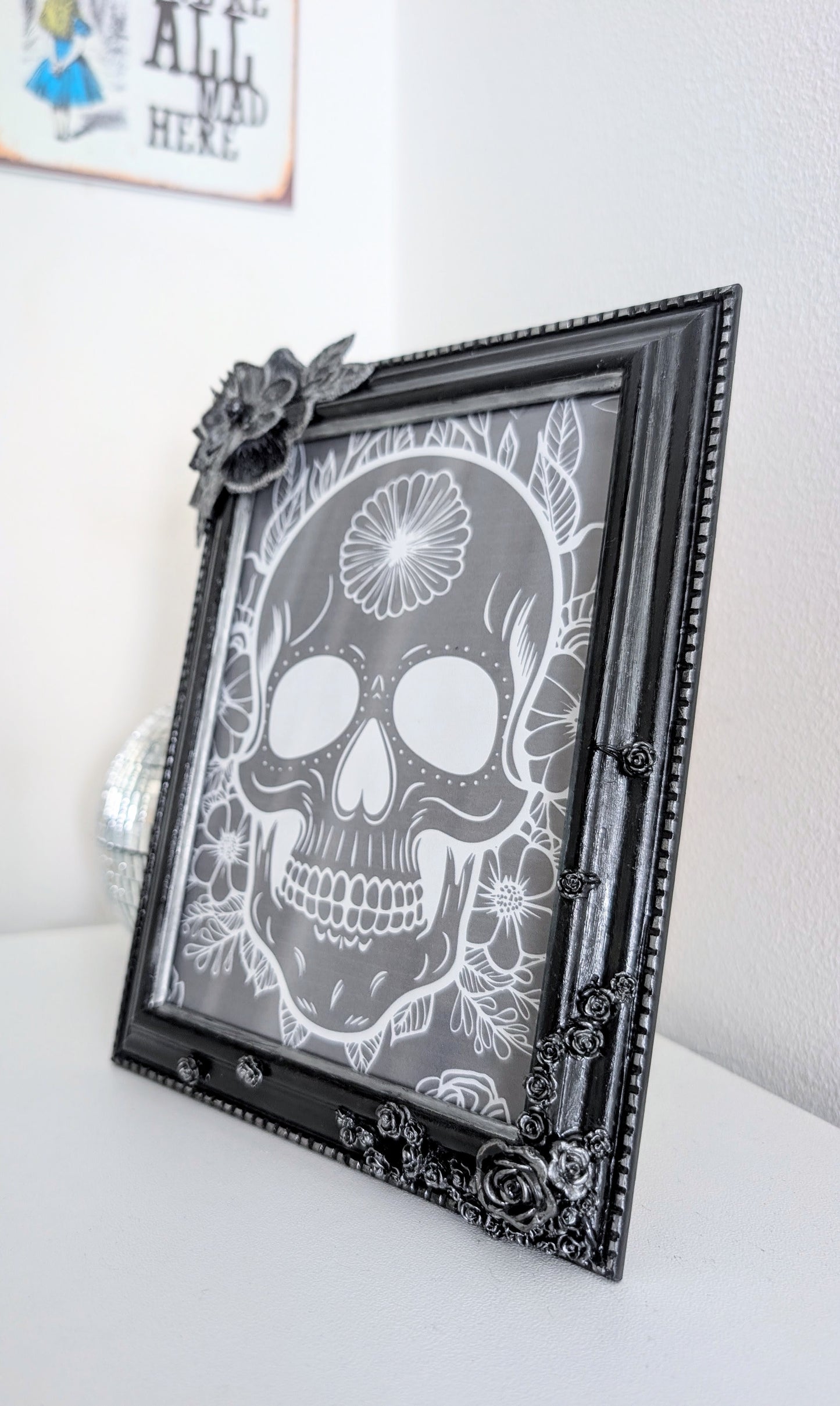5 x 7" Portrait Picture Frame. Hand embellished with roses and flowers, in black Silver Shimmer. Gothic Home Decor
