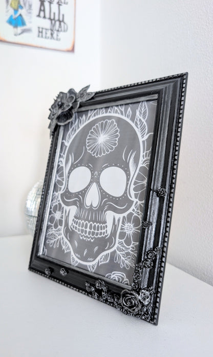 5 x 7" Portrait Picture Frame. Hand embellished with roses and flowers, in black Silver Shimmer. Gothic Home Decor