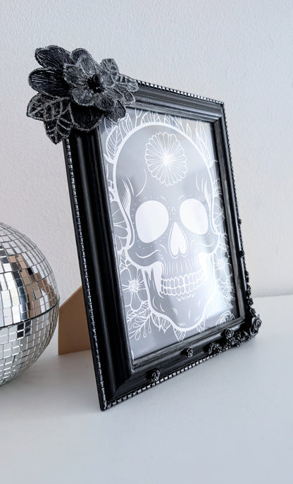 5 x 7" Portrait Picture Frame. Hand embellished with roses and flowers, in black Silver Shimmer. Gothic Home Decor