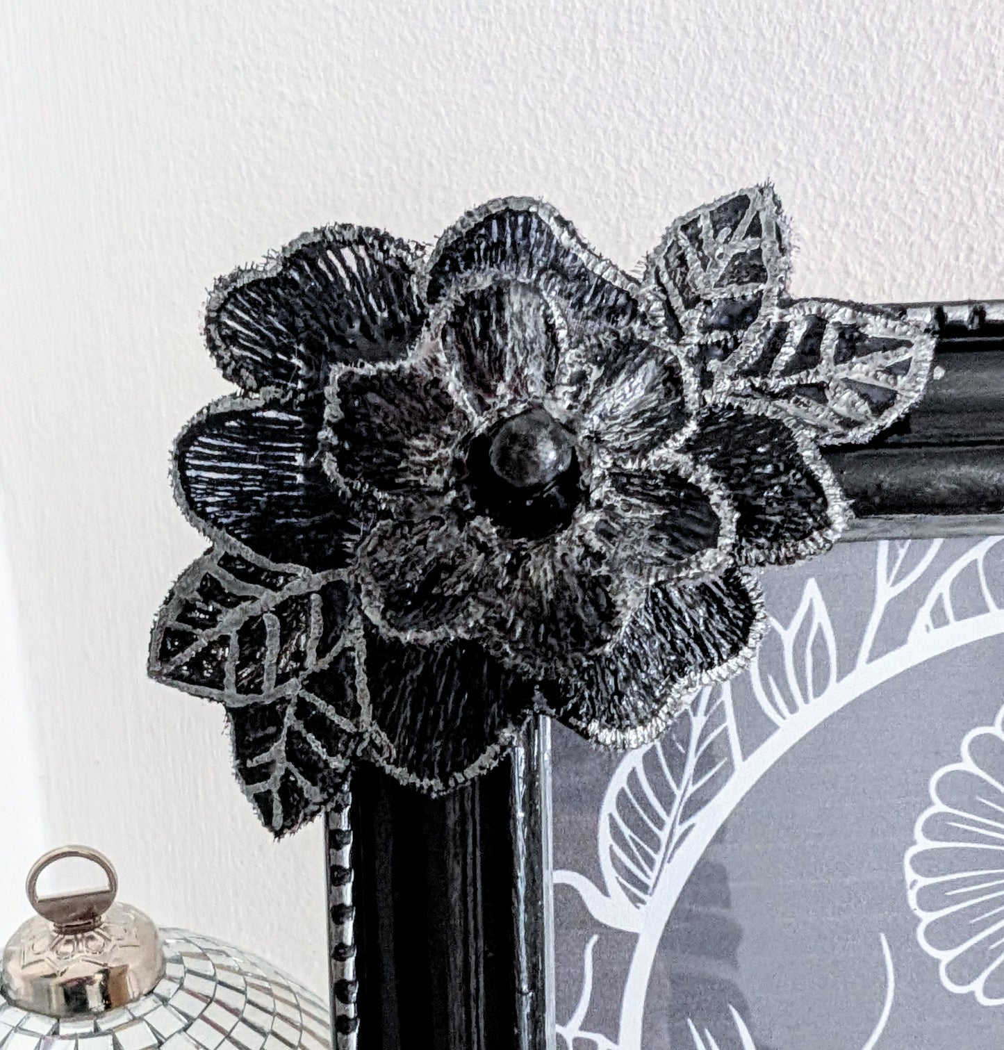 5 x 7" Portrait Picture Frame. Hand embellished with roses and flowers, in black Silver Shimmer. Gothic Home Decor
