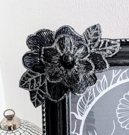 5 x 7" Portrait Picture Frame. Hand embellished with roses and flowers, in black Silver Shimmer. Gothic Home Decor