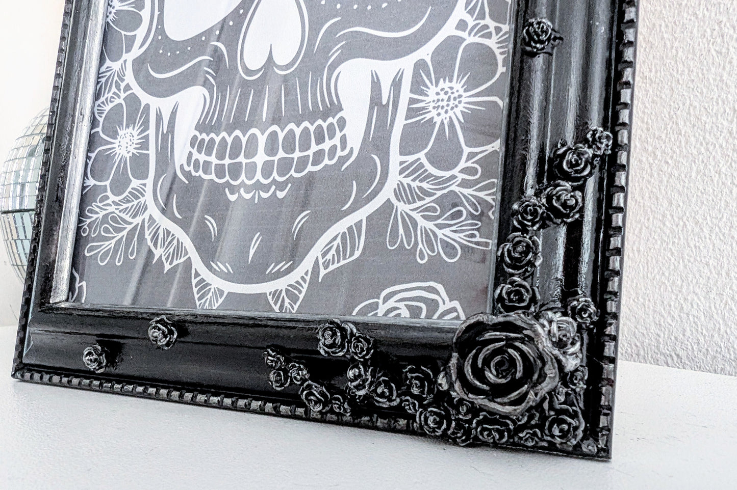 5 x 7" Portrait Picture Frame. Hand embellished with roses and flowers, in black Silver Shimmer. Gothic Home Decor