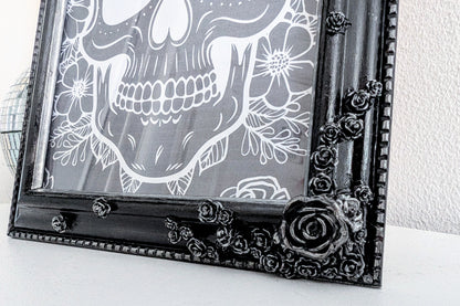 5 x 7" Portrait Picture Frame. Hand embellished with roses and flowers, in black Silver Shimmer. Gothic Home Decor