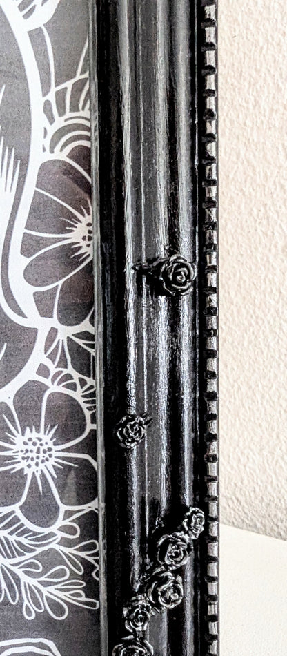 5 x 7" Portrait Picture Frame. Hand embellished with roses and flowers, in black Silver Shimmer. Gothic Home Decor