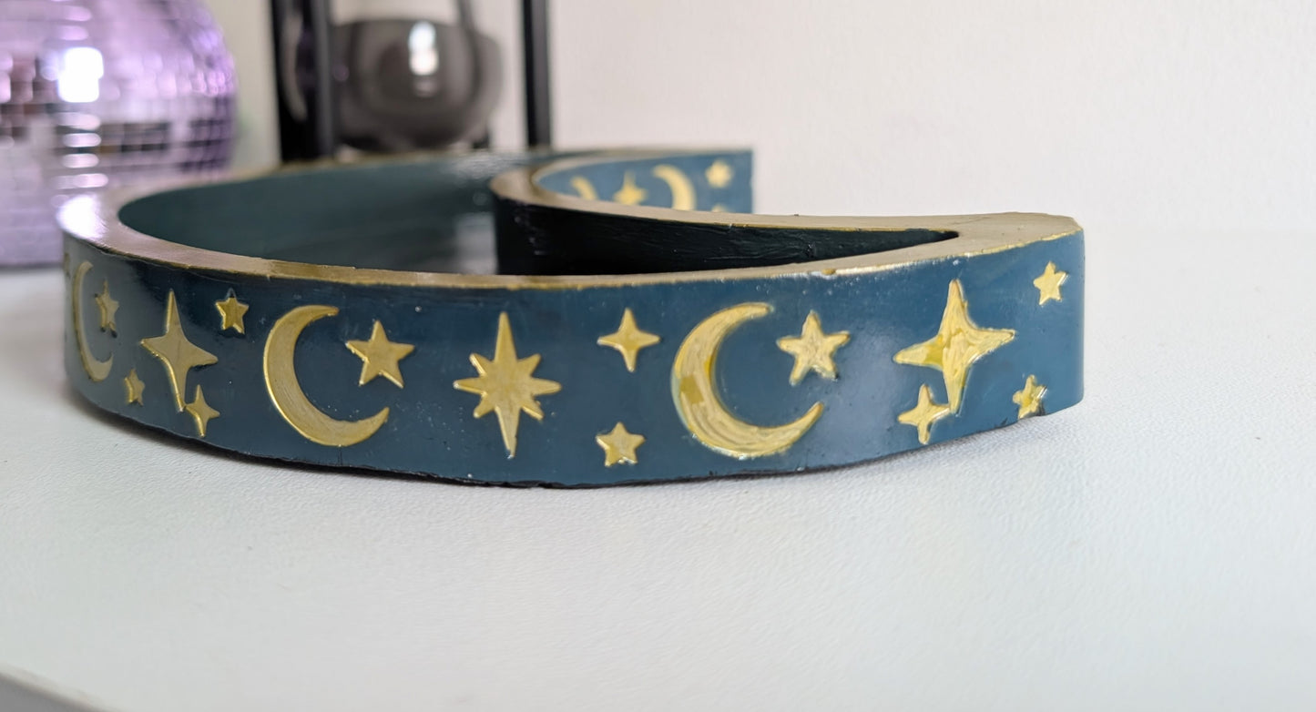 Hand Cast Crescent Moon in Green Teal with Gold detailing Ring Dish Trinket Jewellery Holder