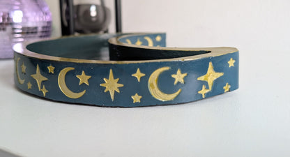 Hand Cast Crescent Moon in Green Teal with Gold detailing Ring Dish Trinket Jewellery Holder