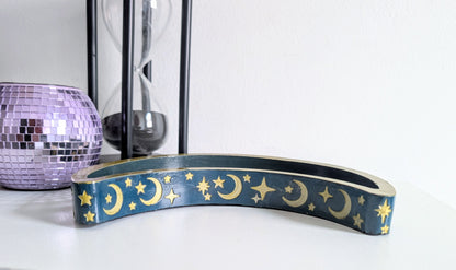 Hand Cast Crescent Moon in Green Teal with Gold detailing Ring Dish Trinket Jewellery Holder