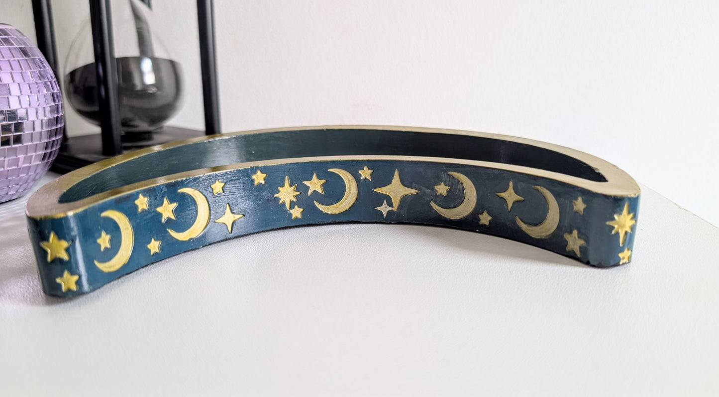 Hand Cast Crescent Moon in Green Teal with Gold detailing Ring Dish Trinket Jewellery Holder