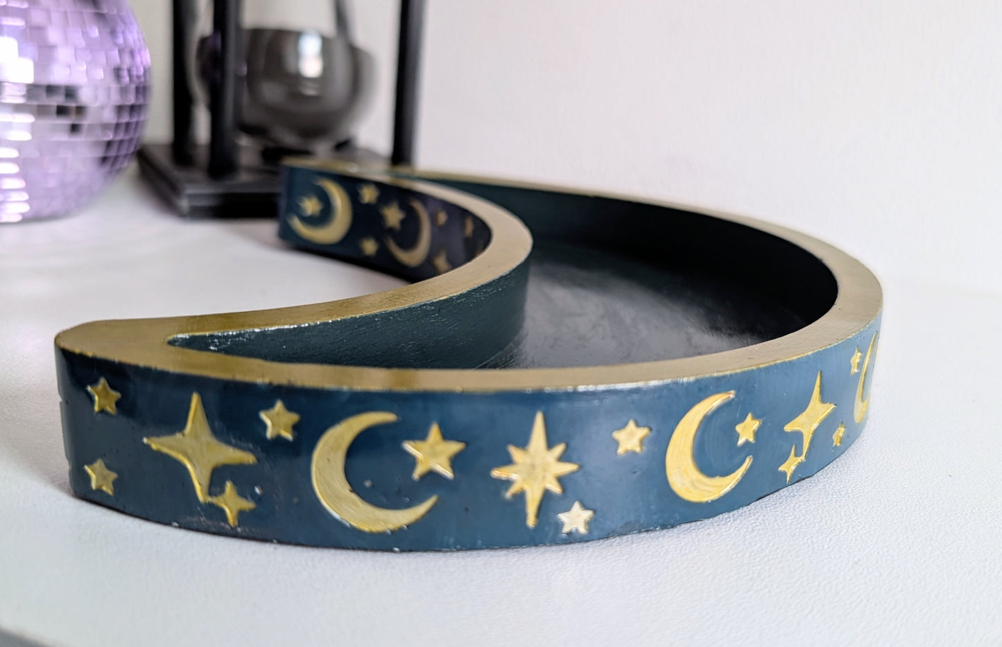 Hand Cast Crescent Moon in Green Teal with Gold detailing Ring Dish Trinket Jewellery Holder