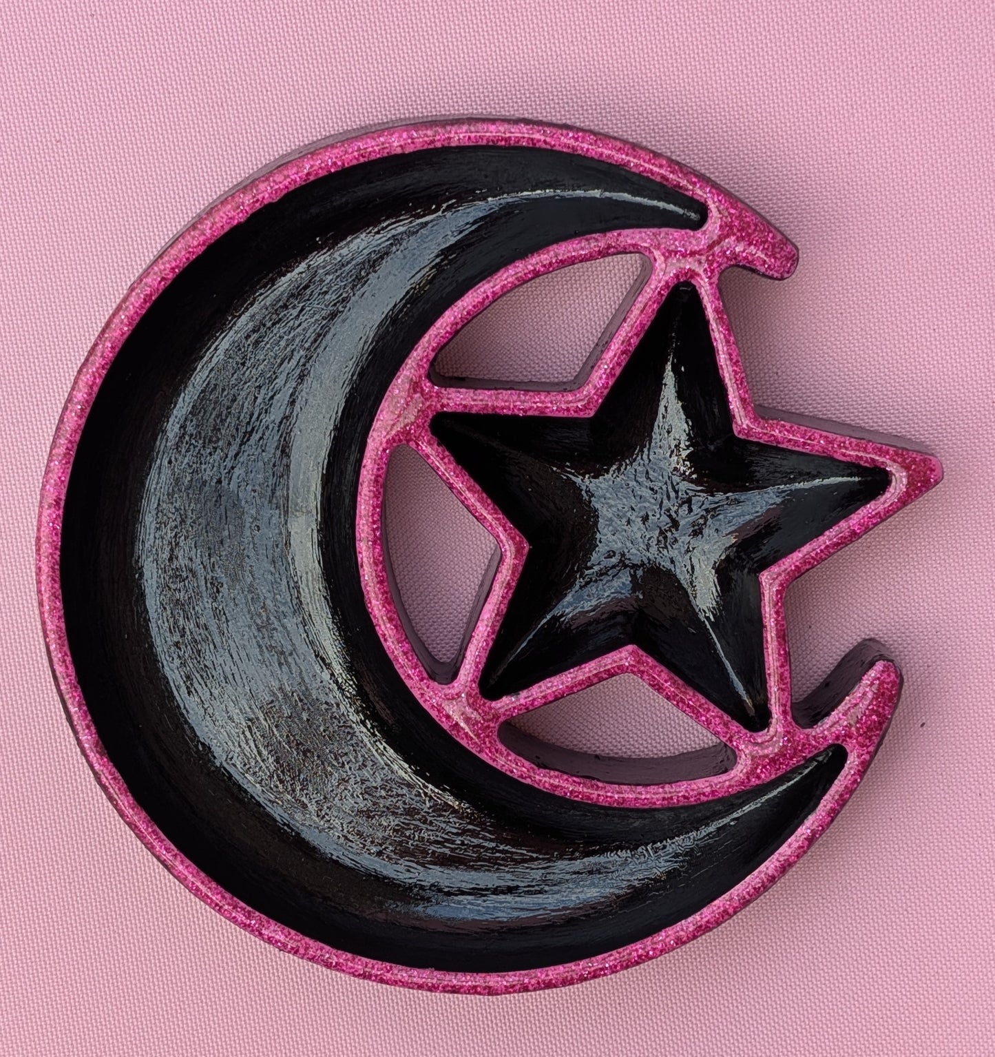 Hand cast moon and stars Jewellery Trinket Dish in black and glittery hot Pink. Gothic Home Decor Gift