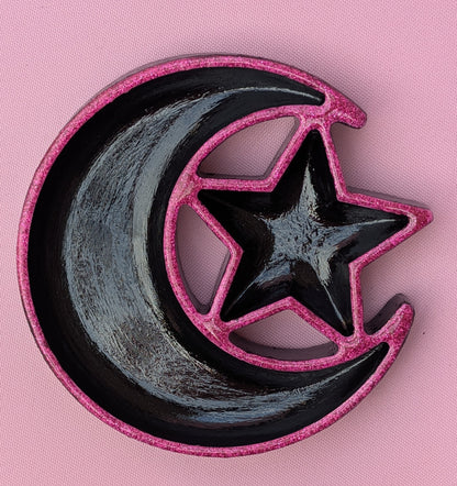 Hand cast moon and stars Jewellery Trinket Dish in black and glittery hot Pink. Gothic Home Decor Gift