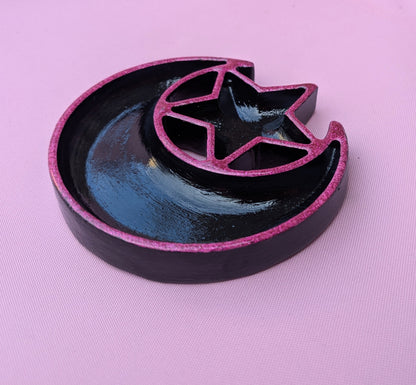 Hand cast moon and stars Jewellery Trinket Dish in black and glittery hot Pink. Gothic Home Decor Gift
