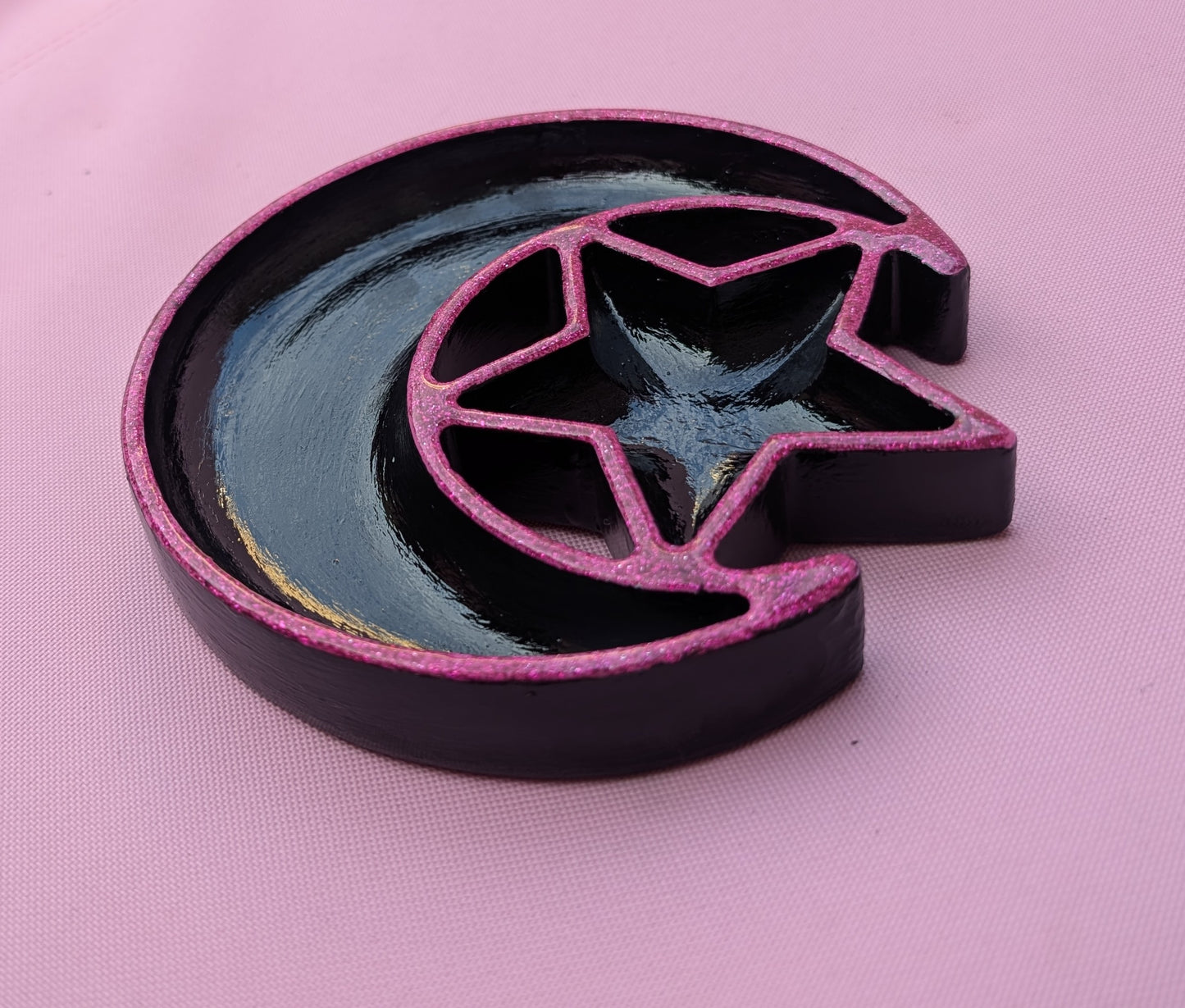 Hand cast moon and stars Jewellery Trinket Dish in black and glittery hot Pink. Gothic Home Decor Gift
