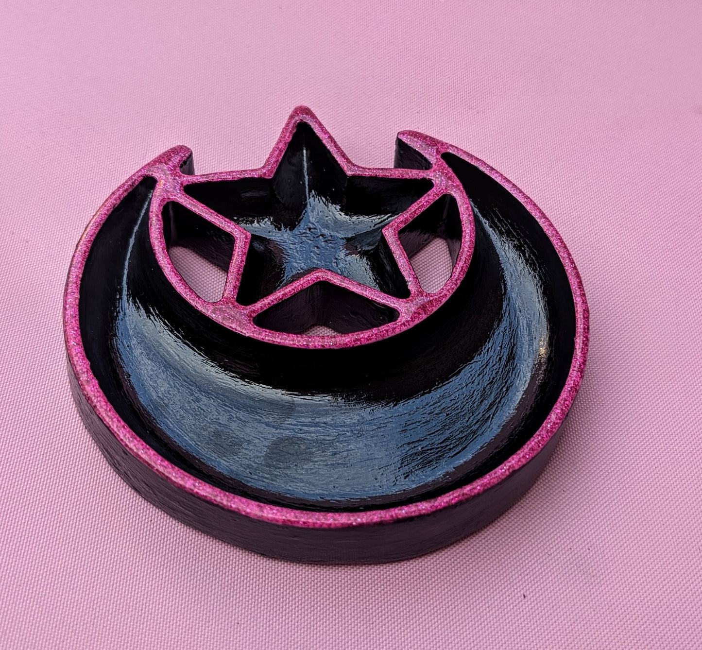 Hand cast moon and stars Jewellery Trinket Dish in black and glittery hot Pink. Gothic Home Decor Gift