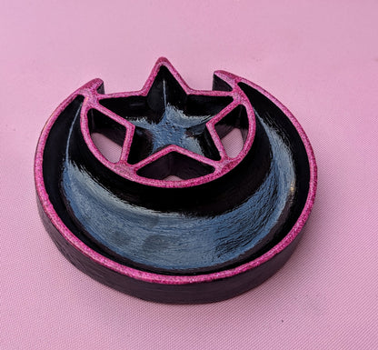 Hand cast moon and stars Jewellery Trinket Dish in black and glittery hot Pink. Gothic Home Decor Gift