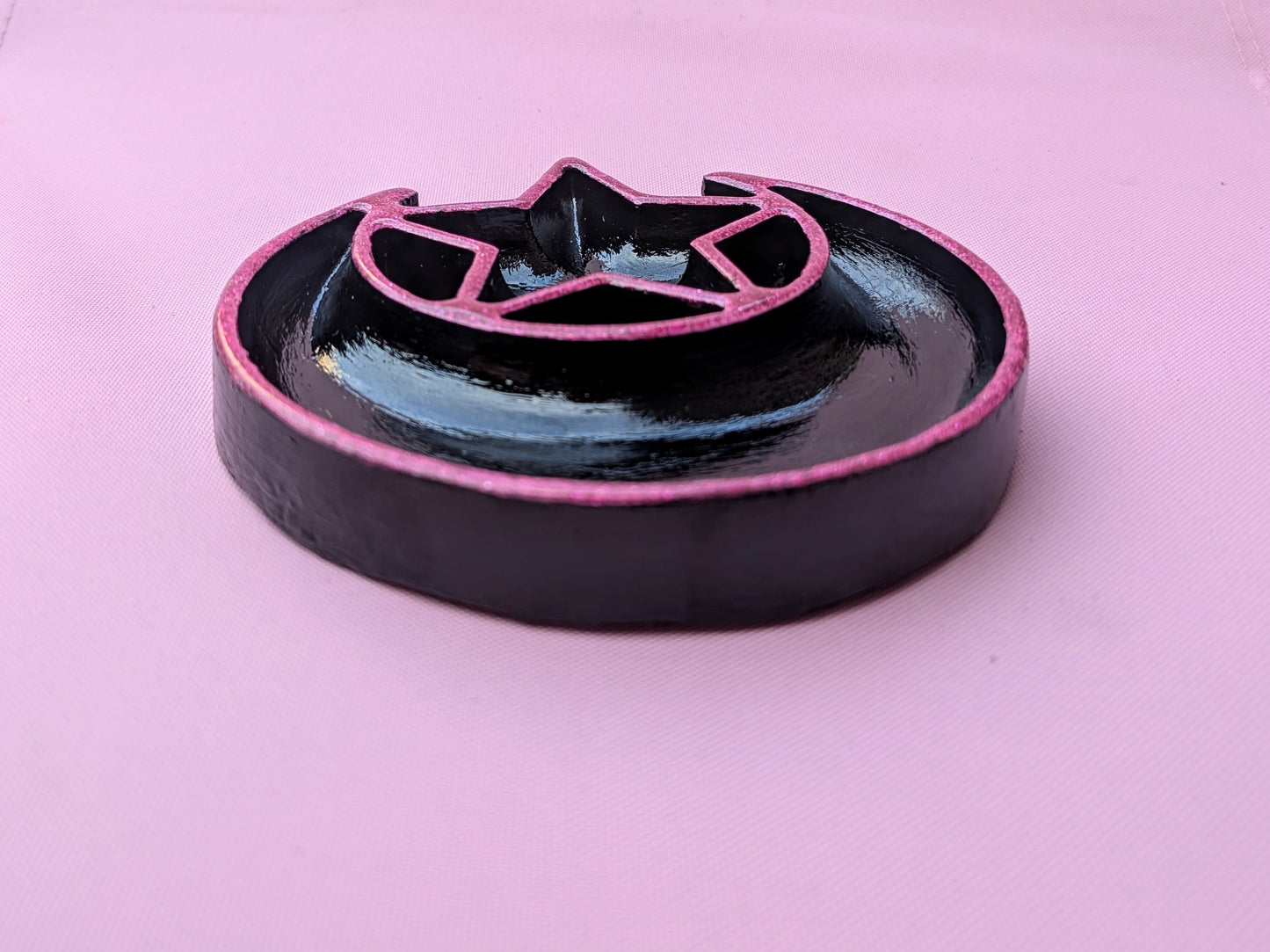 Hand cast moon and stars Jewellery Trinket Dish in black and glittery hot Pink. Gothic Home Decor Gift
