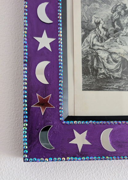 8 x 10" Portrait Wall Hanging Picture Frame. Hand Painted Metallic Purple and Embellished with Mirror Moon and Stars. Goth Home Decor Gift
