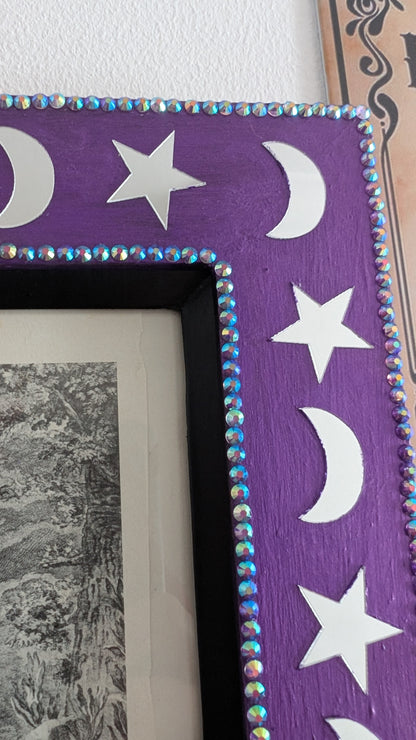 8 x 10" Portrait Wall Hanging Picture Frame. Hand Painted Metallic Purple and Embellished with Mirror Moon and Stars. Goth Home Decor Gift