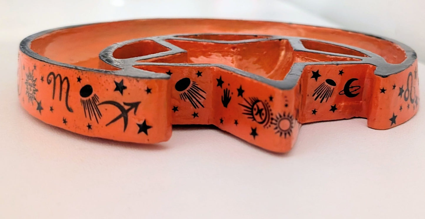 Hand Cast Moon and Stars Trinket in Pumpkin Orange + Black Zodiac Symbols. Jewellery Holder 90s Gothcore Home Decor