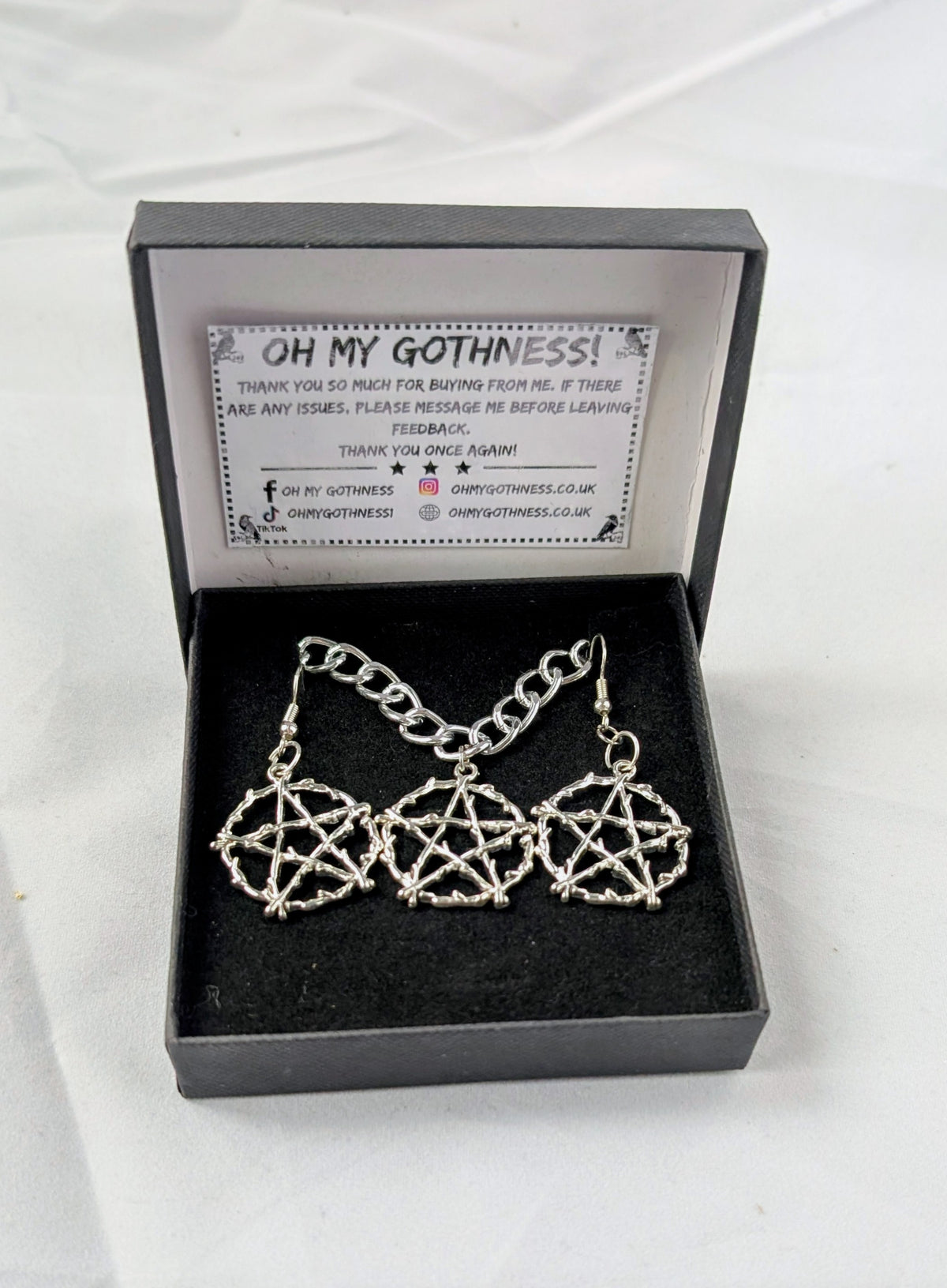 Handmade Silver Metal Pentagram Choker and Dangle Earrings Box Set - Gothic Ladies Gift