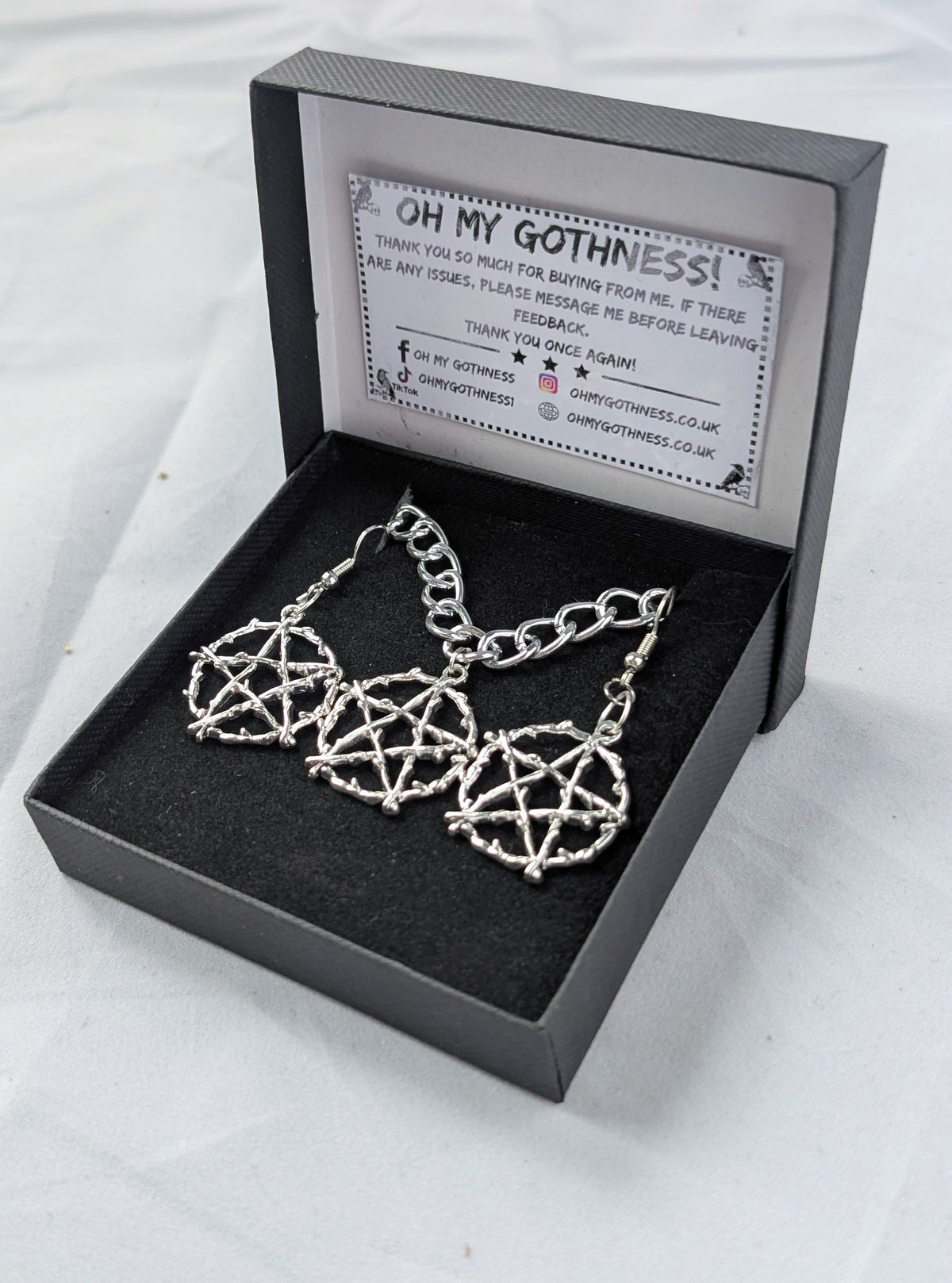 Handmade Silver Metal Pentagram Choker and Dangle Earrings Box Set - Gothic Ladies Gift