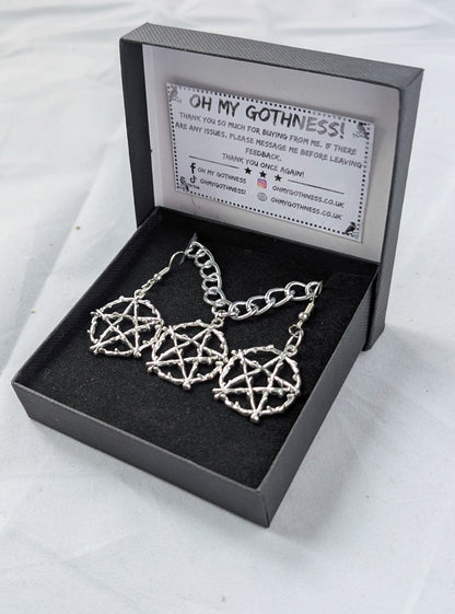 Handmade Silver Metal Pentagram Choker and Dangle Earrings Box Set - Gothic Ladies Gift