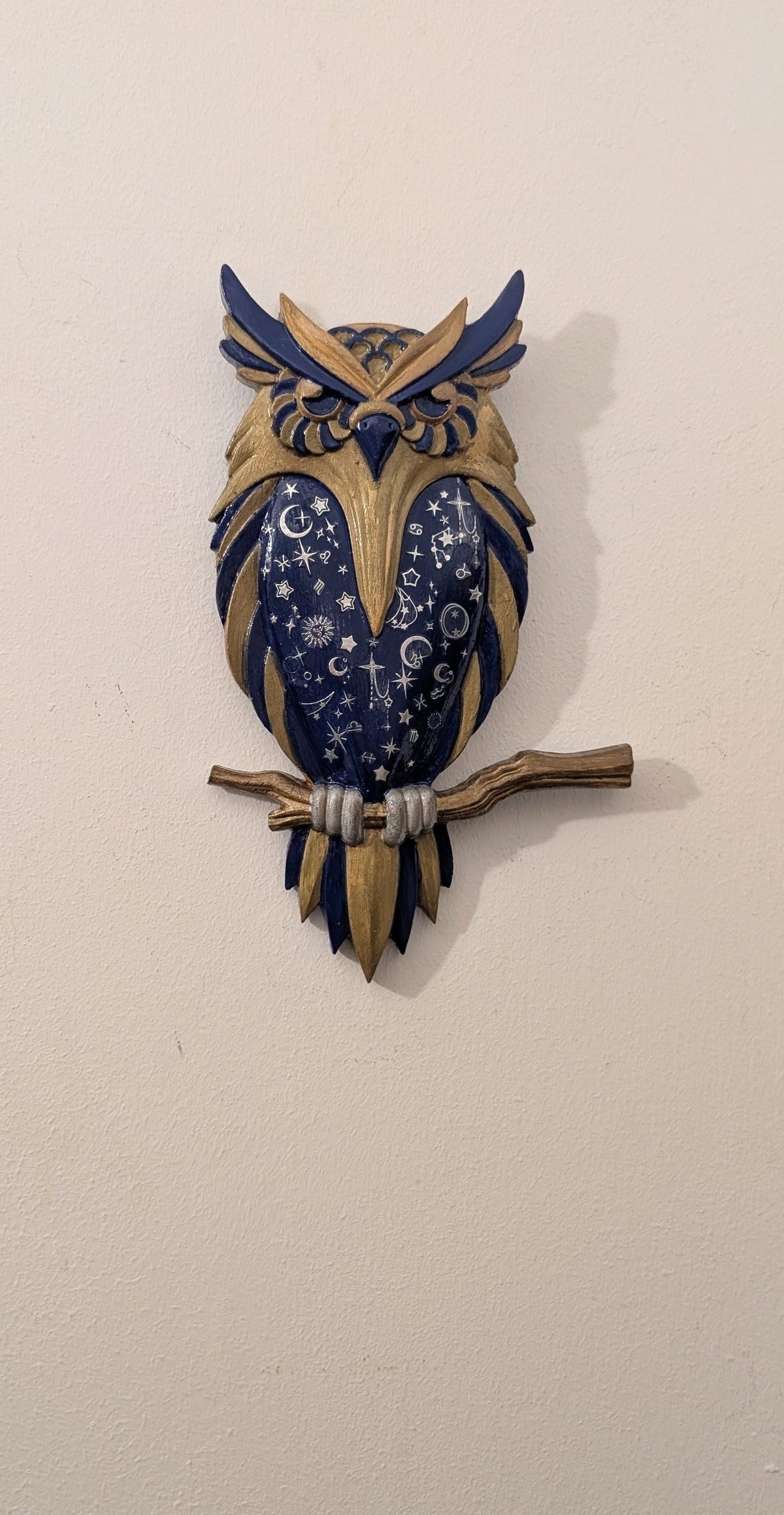 Handcast and hand painted Wise Old Owl In Blue, Gold, and Silver Celestial Inspired Wall hanging Plaque Home Decor